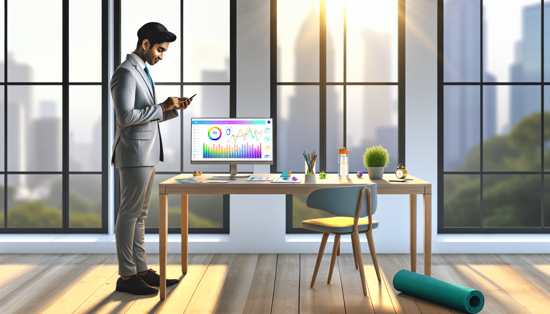 デジタルヘルスアプリを使用するビジネスパーソンとウェルネスダッシュボード