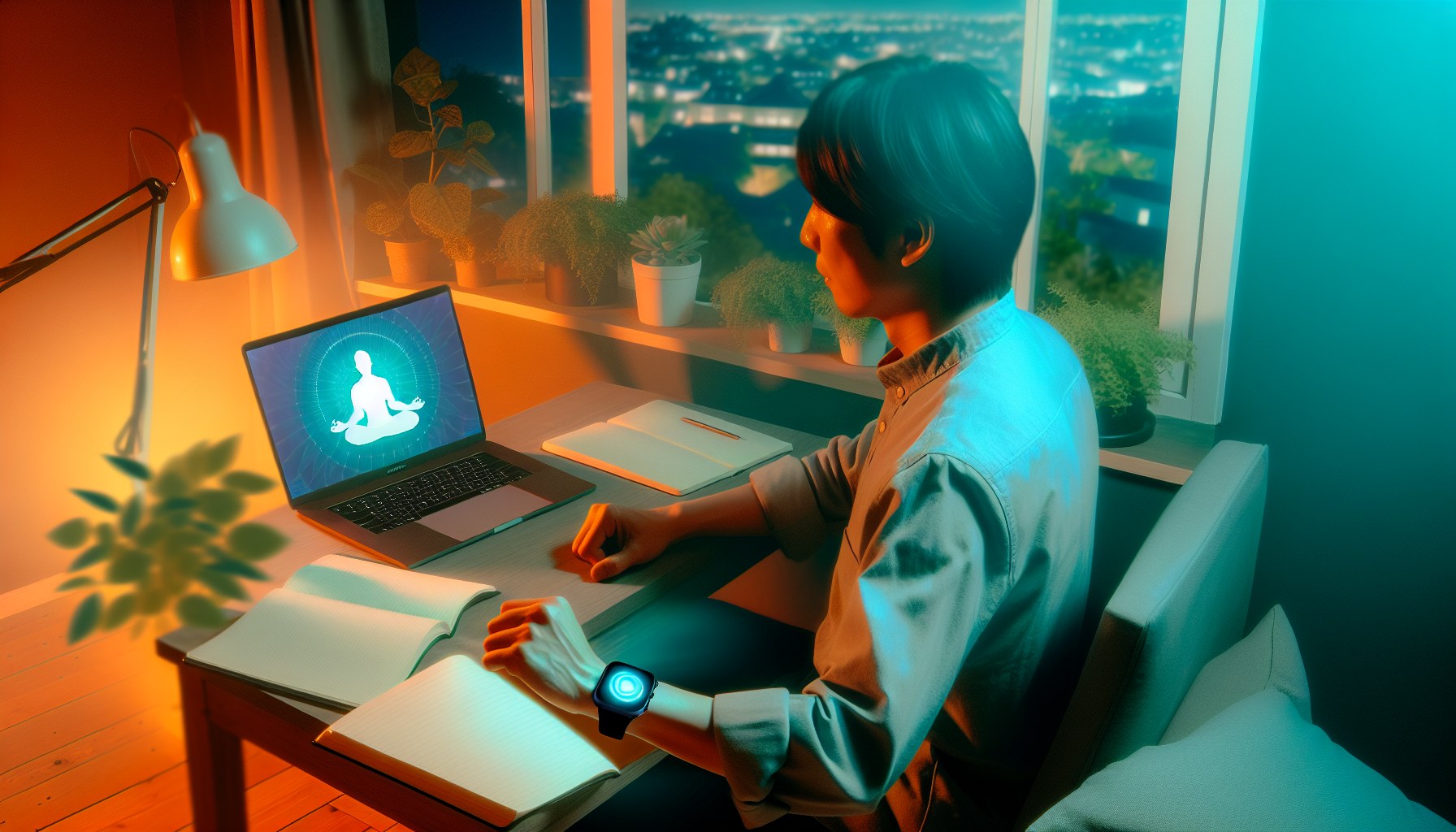 デスクでAIコーチングアプリとスマートウォッチを確認するビジネスパーソン