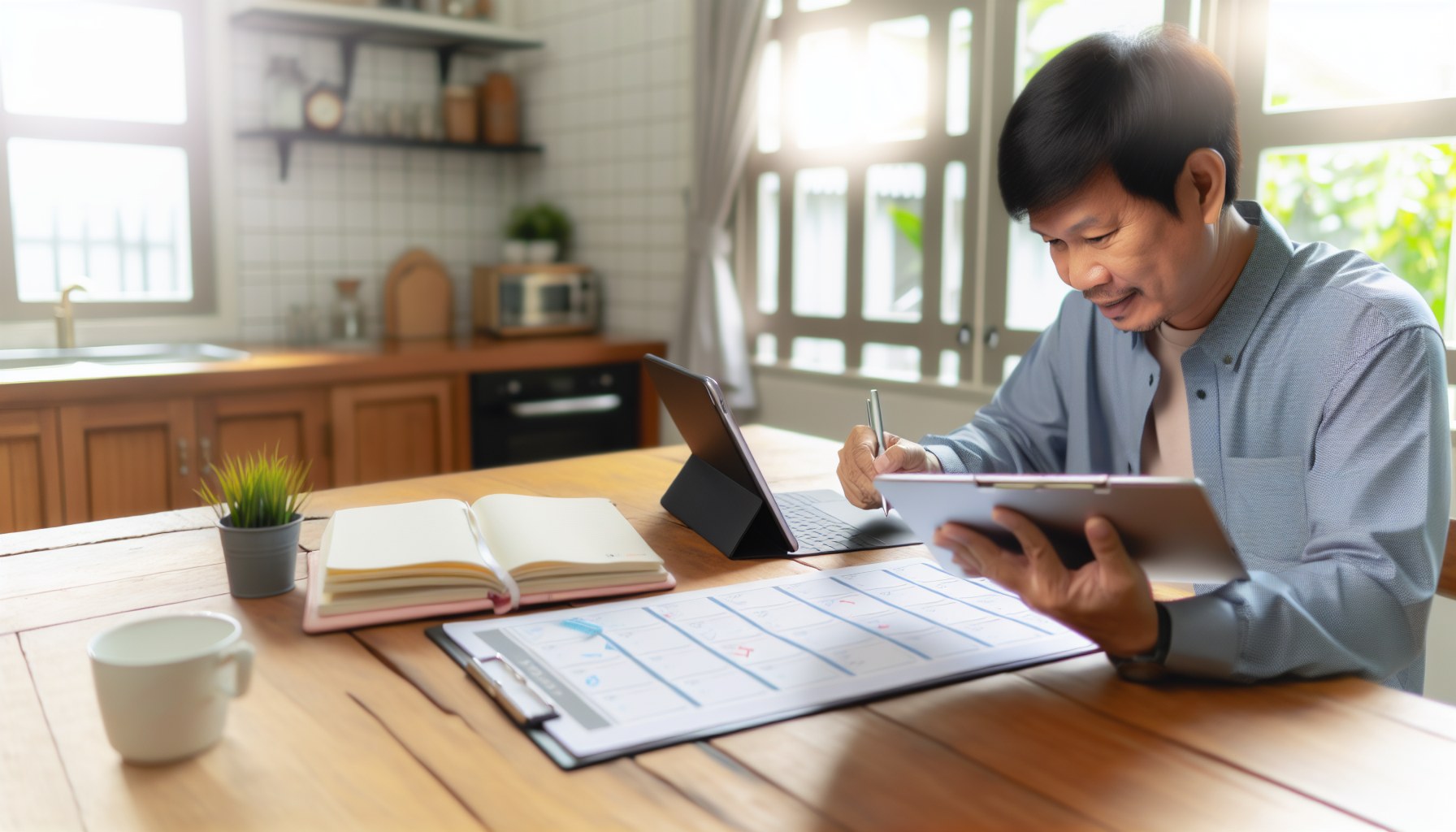 キッチンカウンターでデジタルプランナーとアナログ手帳を併用するビジネスパーソン