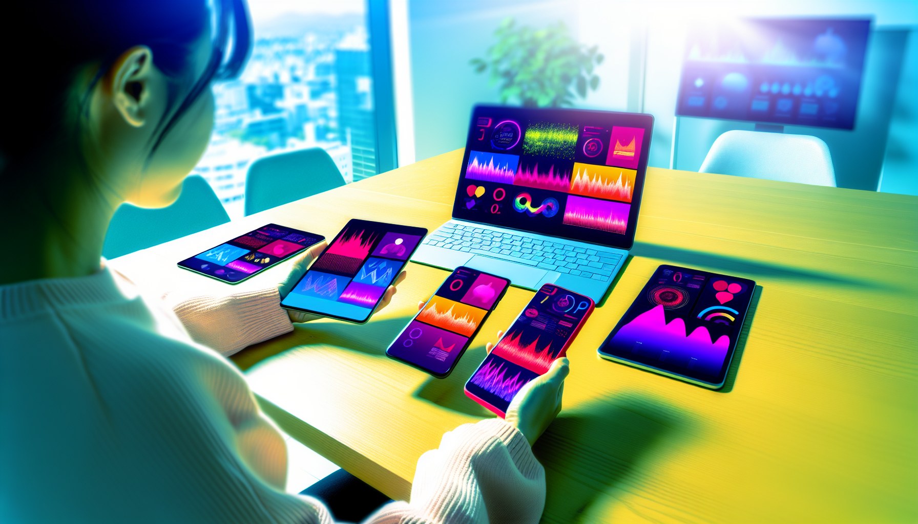 オフィスのデスクで複数の健康管理アプリを比較するプロダクトデザイナー