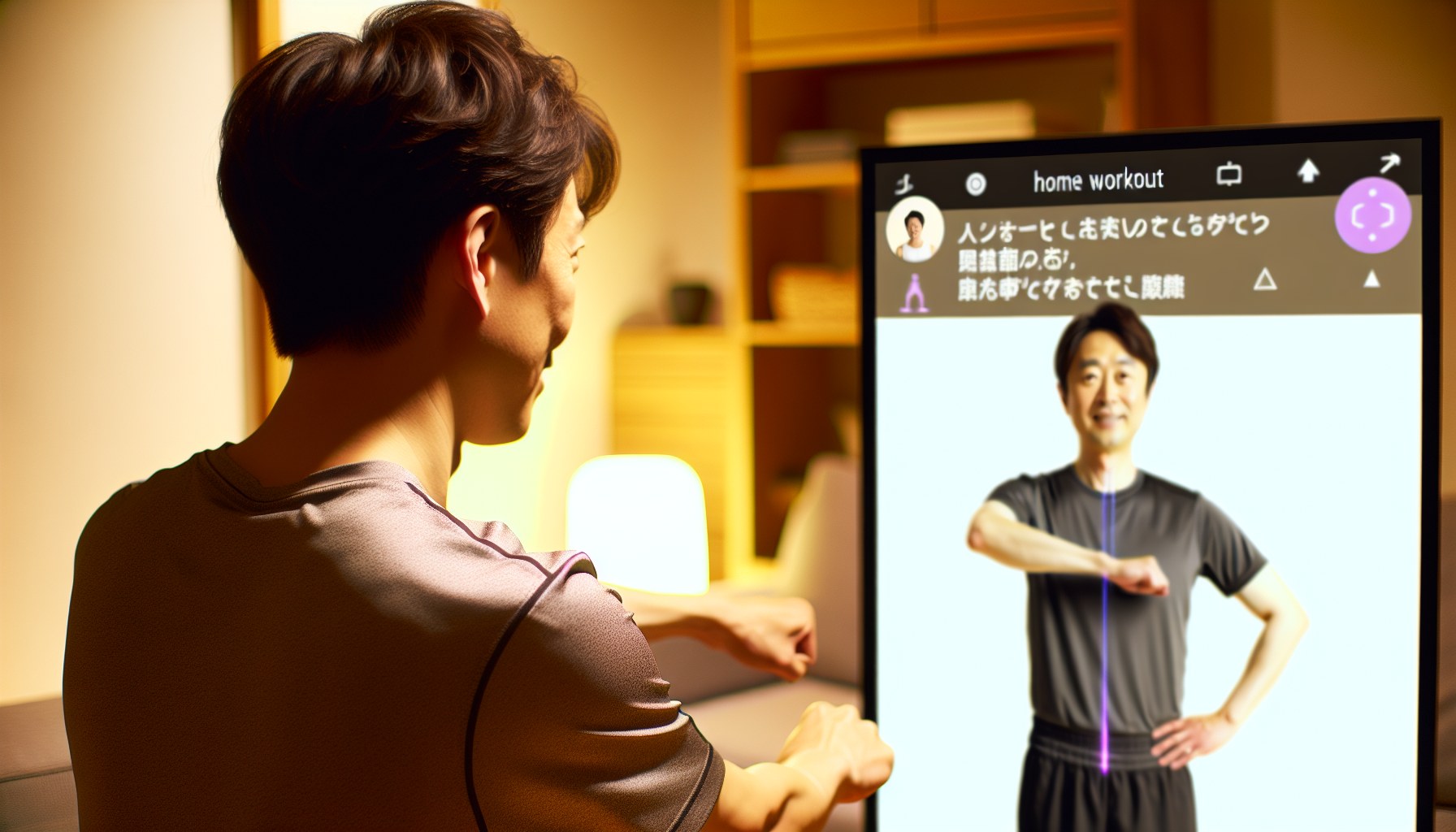 リビングでスマートミラーとAIトレーナーに合わせてトレーニングするビジネスパーソン