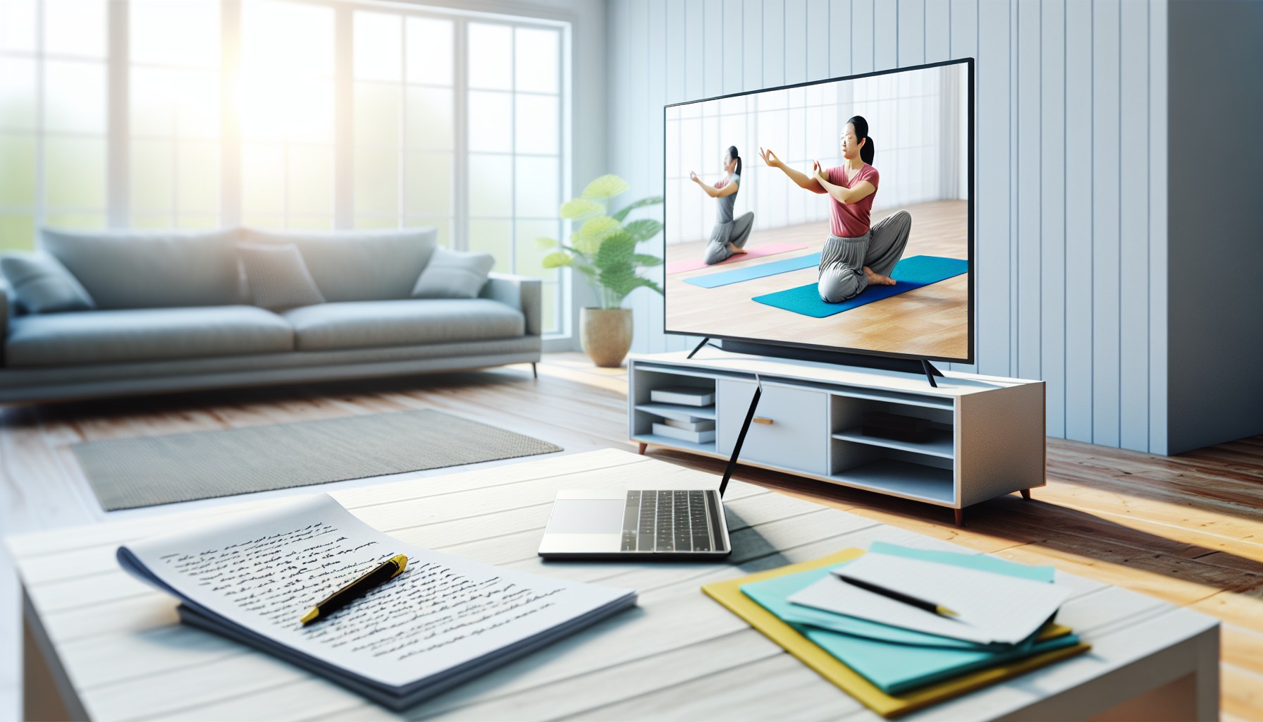 リビングでオンラインヨガレッスンを受けるビジネスパーソン